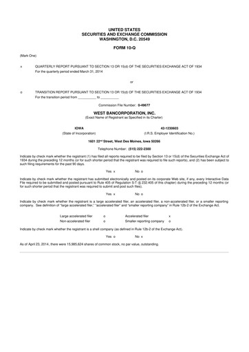 Thumbnail West Bancorporation 10-Q Quarterly Report FY2014 