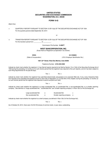 Thumbnail West Bancorporation 10-Q Quarterly Report FY2014 