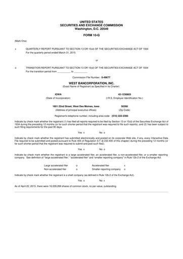 Thumbnail West Bancorporation 10-Q Quarterly Report FY2015 