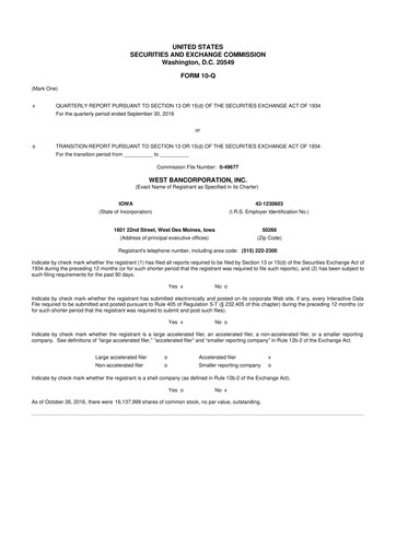 Thumbnail West Bancorporation 10-Q Quarterly Report FY2016 