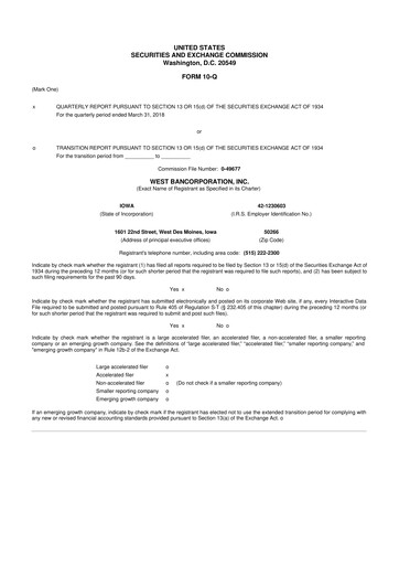 Thumbnail West Bancorporation 10-Q Quarterly Report FY2018 