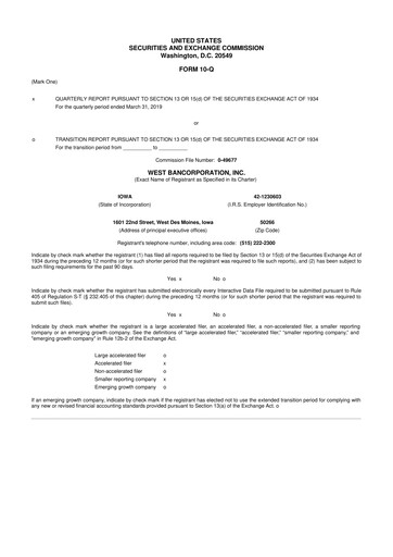 Thumbnail West Bancorporation 10-Q Quarterly Report FY2019 