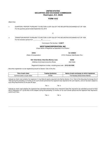 Thumbnail West Bancorporation 10-Q Quarterly Report FY2019 