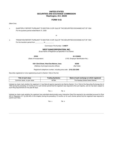 Thumbnail West Bancorporation 10-Q Quarterly Report FY2020 