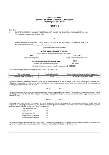 Thumbnail West Bancorporation 10-Q Quarterly Report FY 
