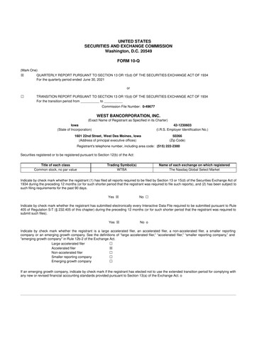 Thumbnail West Bancorporation 10-Q Quarterly Report FY2021 