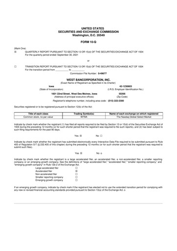 Thumbnail West Bancorporation 10-Q Quarterly Report FY2021 