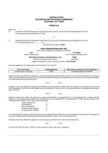 Miniature West Bancorporation 10-Q Rapport trimestriel  