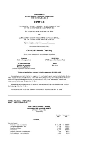 Miniature Century Aluminum
 10-Q Rapport trimestriel  