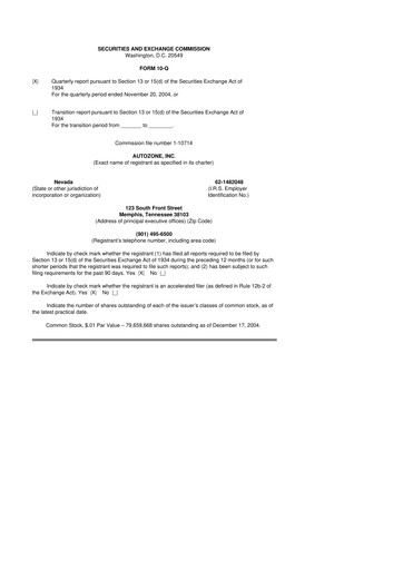 Miniature AutoZone 10-Q Rapport trimestriel  