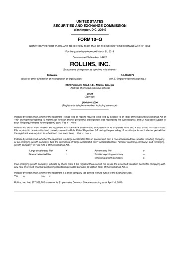 Miniature Rollins 10-Q Rapport trimestriel 2019 