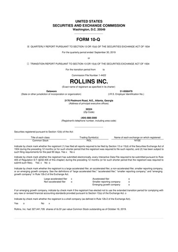 Miniature Rollins 10-Q Rapport trimestriel 2019 