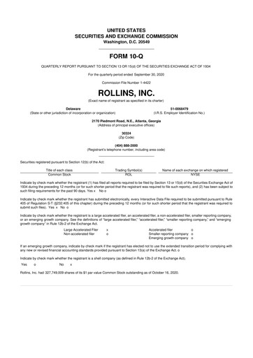 Miniature Rollins 10-Q Rapport trimestriel 2020 