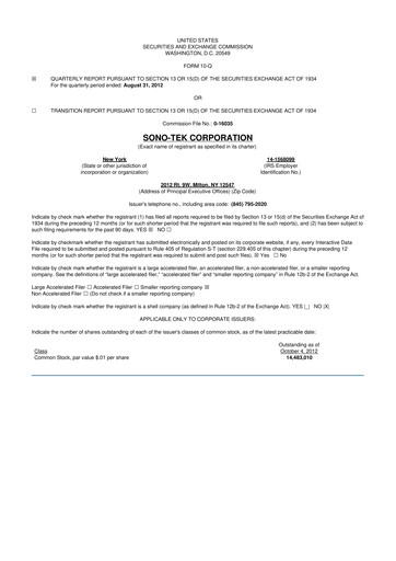 Vorschaubild Sono-Tek Corporation 10-Q Quartalsbericht 2012 