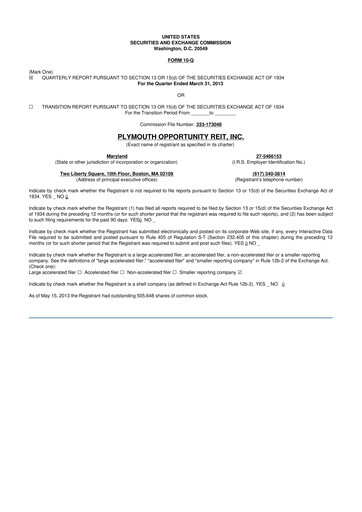 Vorschaubild Plymouth Industrial REIT 10-Q Quartalsbericht 2013 