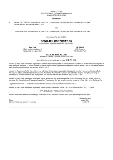 Vorschaubild Sono-Tek Corporation 10-Q Quartalsbericht 2014 