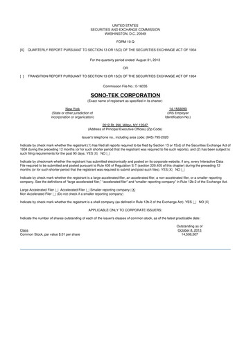 Vorschaubild Sono-Tek Corporation 10-Q Quartalsbericht 2014 