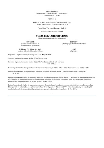 Thumbnail Sono-Tek Corporation 10-K Annual Report 2014