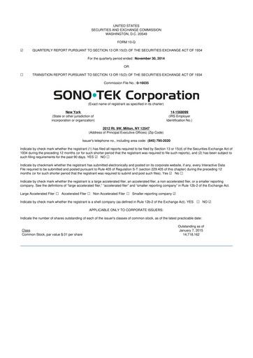Vorschaubild Sono-Tek Corporation 10-Q Quartalsbericht 2015 