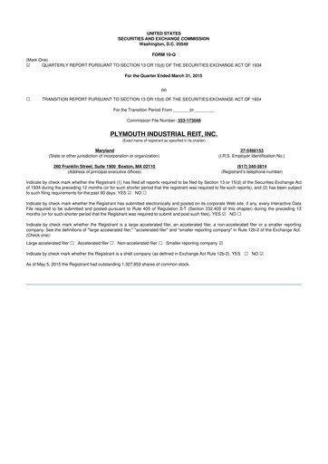 Vorschaubild Plymouth Industrial REIT 10-Q Quartalsbericht 2015 