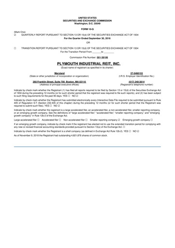 Vorschaubild Plymouth Industrial REIT 10-Q Quartalsbericht 2018 