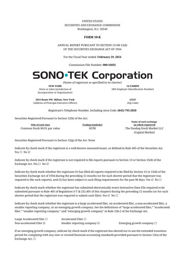 Thumbnail Sono-Tek Corporation 10-K Annual Report 2024