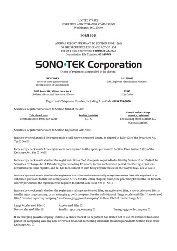 Thumbnail Sono-Tek Corporation 10-K Annual Report 2025