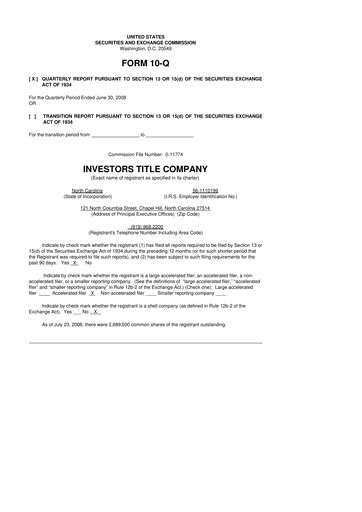 Thumbnail Investors Title Company
 10-Q Quarterly Report FY 