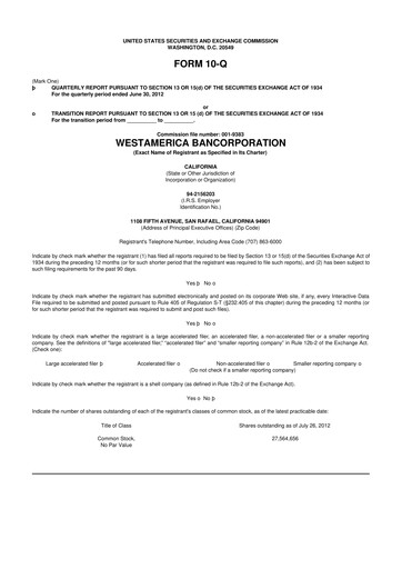 Thumbnail Westamerica Bancorporation
 10-Q Quarterly Report FY2012 