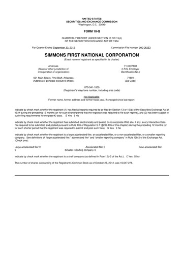 Thumbnail Simmons First National 10-Q Quarterly Report FY2012 