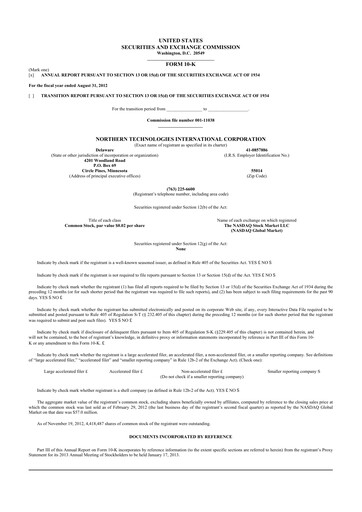 Thumbnail Northern Technologies International 10-K Annual Report 2012
