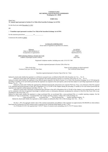 Thumbnail Ultralife Corporation 10-K Annual Report 2012