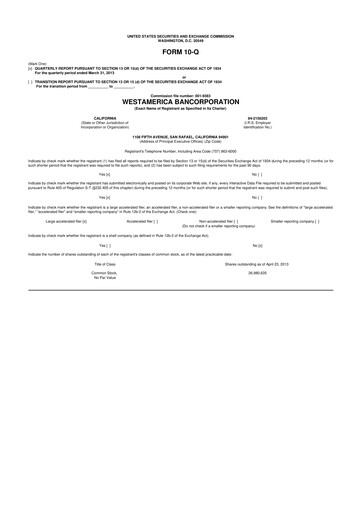 Thumbnail Westamerica Bancorporation
 10-Q Quarterly Report FY2013 