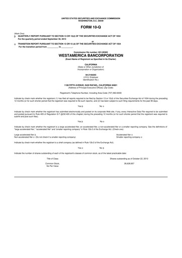 Thumbnail Westamerica Bancorporation
 10-Q Quarterly Report FY2013 