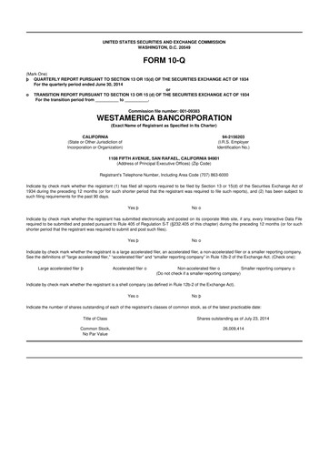 Thumbnail Westamerica Bancorporation
 10-Q Quarterly Report FY2014 