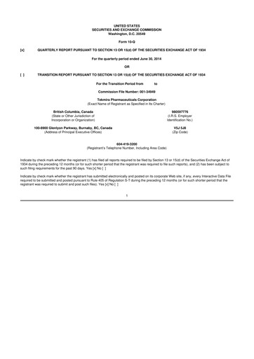 Thumbnail Arbutus Biopharma
 10-Q Quarterly Report FY2014 