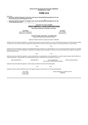 Thumbnail Westamerica Bancorporation
 10-Q Quarterly Report FY2014 