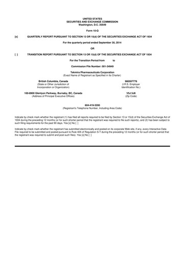 Thumbnail Arbutus Biopharma
 10-Q Quarterly Report FY2014 