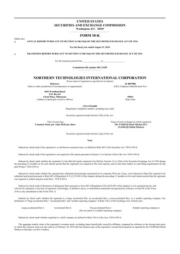Thumbnail Northern Technologies International 10-K Annual Report 2014