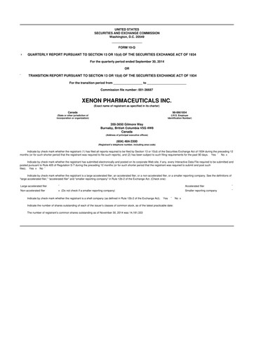 Thumbnail Xenon Pharmaceuticals 10-Q Quarterly Report FY2014 