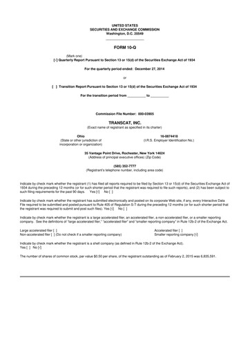 Thumbnail Transcat 10-Q Quarterly Report FY2015 