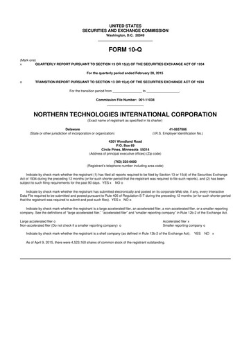 Thumbnail Northern Technologies International 10-Q Quarterly Report FY2015 