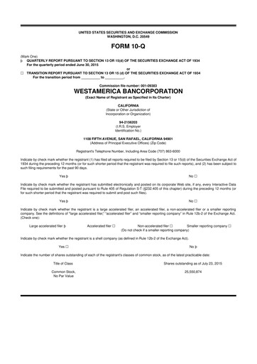 Thumbnail Westamerica Bancorporation
 10-Q Quarterly Report FY2015 