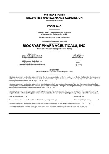 Thumbnail BioCryst Pharmaceuticals
 10-Q Quarterly Report FY2015 