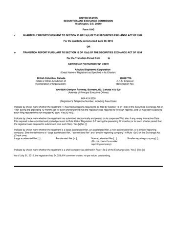 Thumbnail Arbutus Biopharma
 10-Q Quarterly Report FY2015 