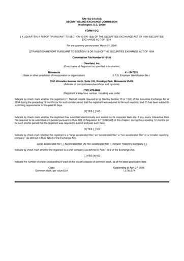 Thumbnail Clearfield 10-Q Quarterly Report FY2016 