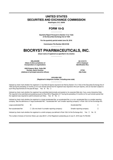 Thumbnail BioCryst Pharmaceuticals
 10-Q Quarterly Report FY2016 