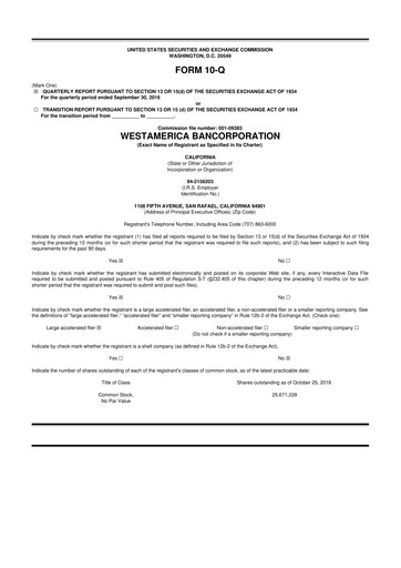 Thumbnail Westamerica Bancorporation
 10-Q Quarterly Report FY2016 