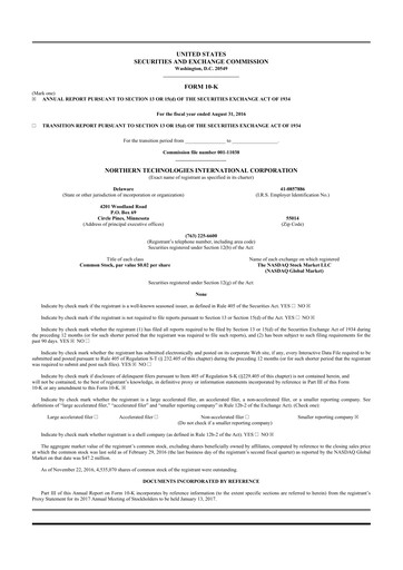 Thumbnail Northern Technologies International 10-K Annual Report 2016