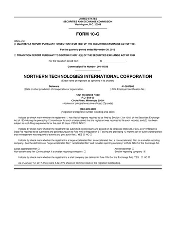 Thumbnail Northern Technologies International 10-Q Quarterly Report FY2017 